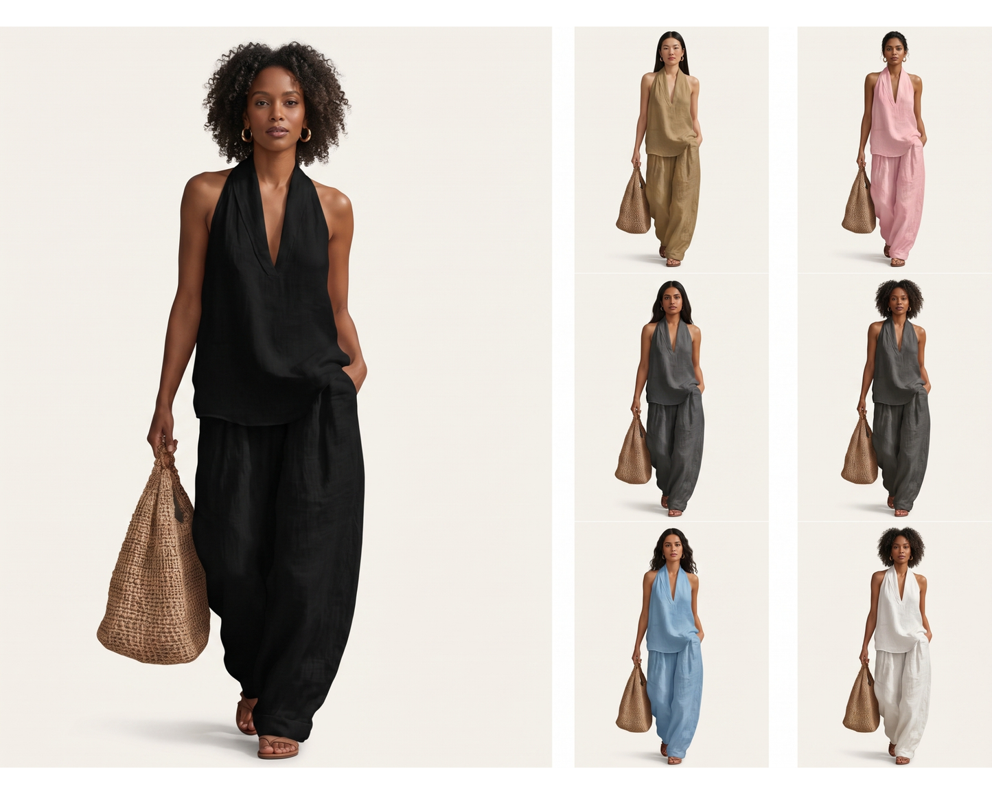Women’s Summer Two Piece Set, Sleeveless Halter Top, Wide Leg Pants, Casual V Neck Outfit, Vacation Resort Wear