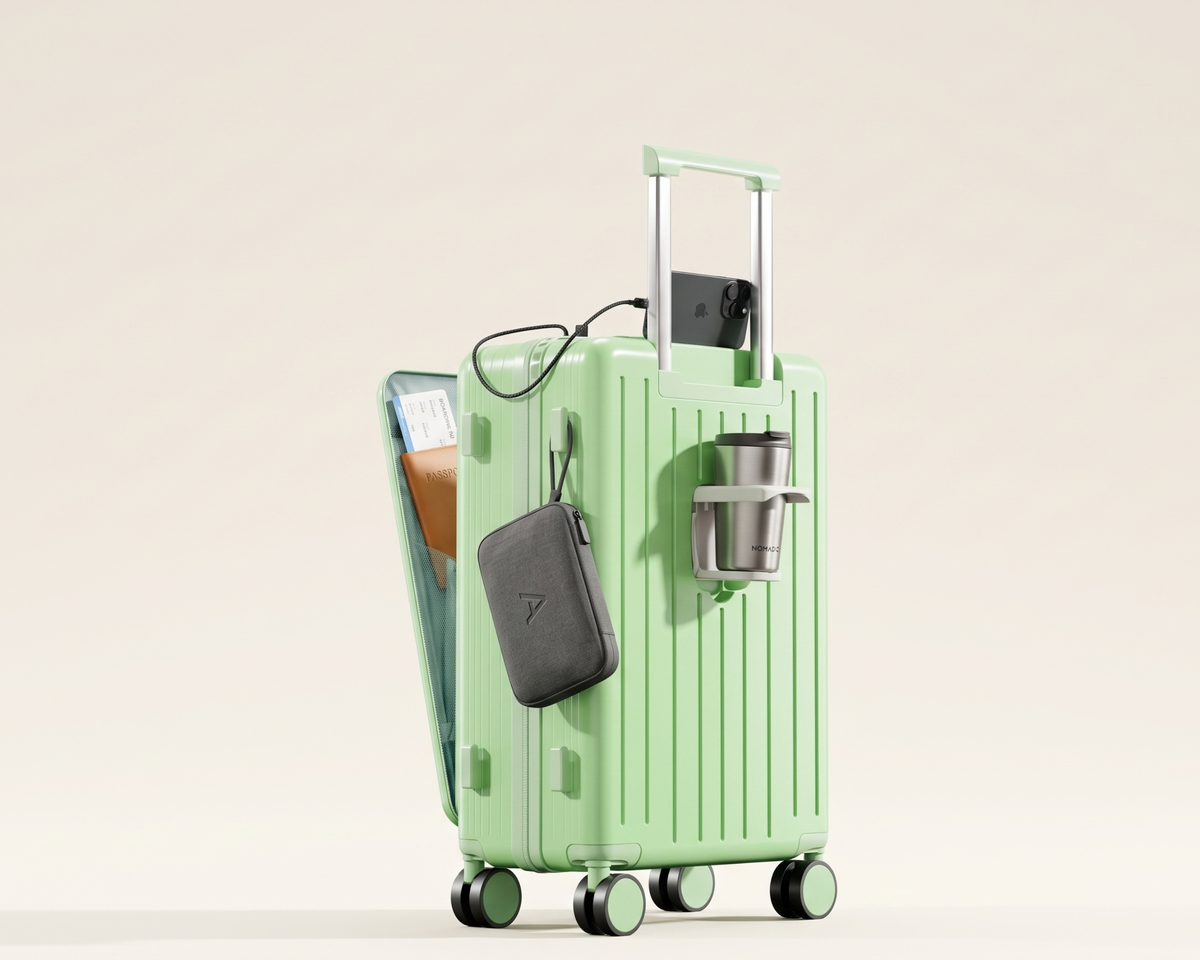 Minimalist Carry-On Luggage with Cup Holder & Phone Stand – Stylish Travel Suitcase