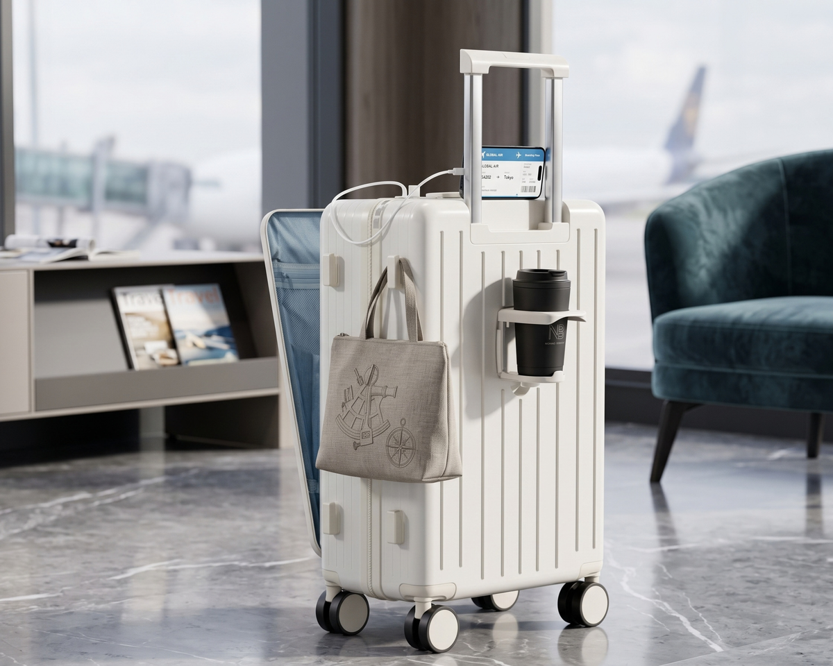 Minimalist Carry-On Luggage with Cup Holder & Phone Stand – Stylish Travel Suitcase