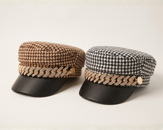 Vintage Houndstooth Newsboy Cap, Gold Chain Detail, Adjustable Baker Boy Hat