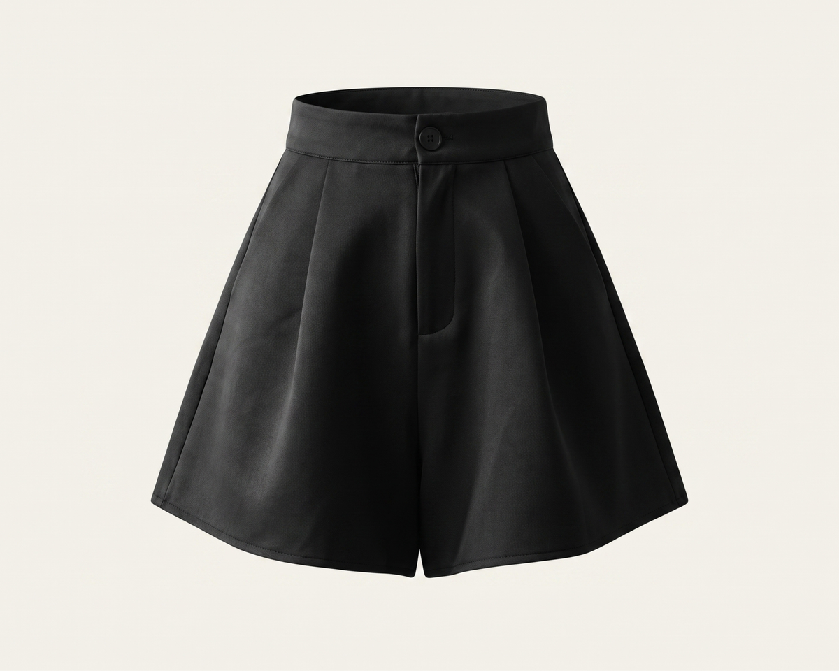 Retro High Waisted Pleated Shorts, A-Line Wide Leg, Black Polyester Summer Bottoms