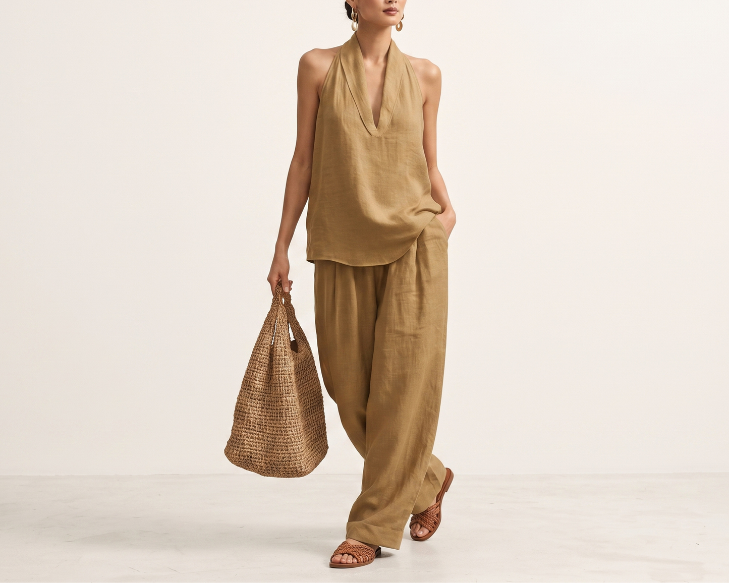 Women’s Summer Two Piece Set, Sleeveless Halter Top, Wide Leg Pants, Casual V Neck Outfit, Vacation Resort Wear