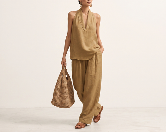Women’s Summer Two Piece Set, Sleeveless Halter Top, Wide Leg Pants, Casual V Neck Outfit, Vacation Resort Wear