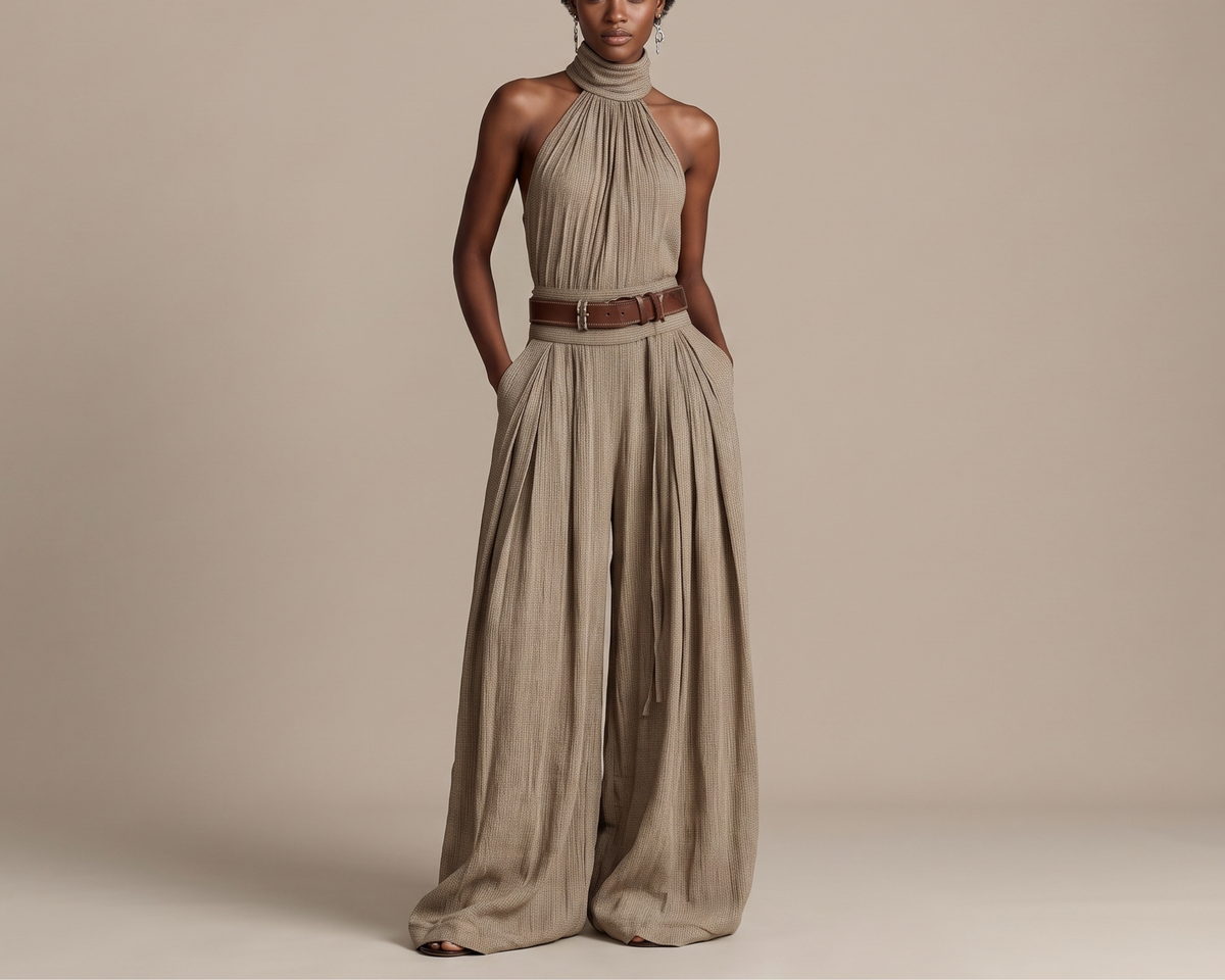 Elegant Halter Neck Pleated Wide-Leg Jumpsuit, Khaki Polyester Outfit