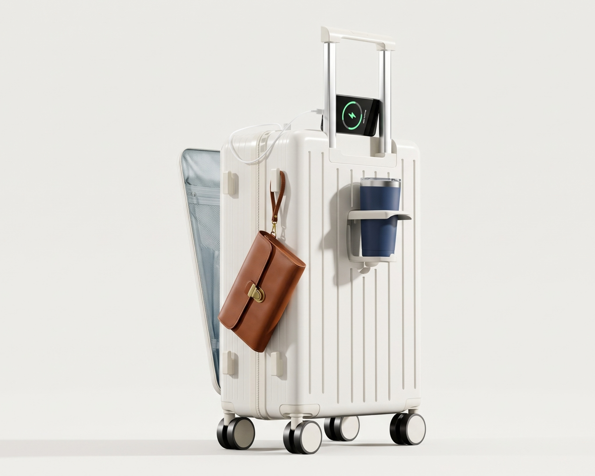 Minimalist Carry-On Luggage with Cup Holder & Phone Stand – Stylish Travel Suitcase