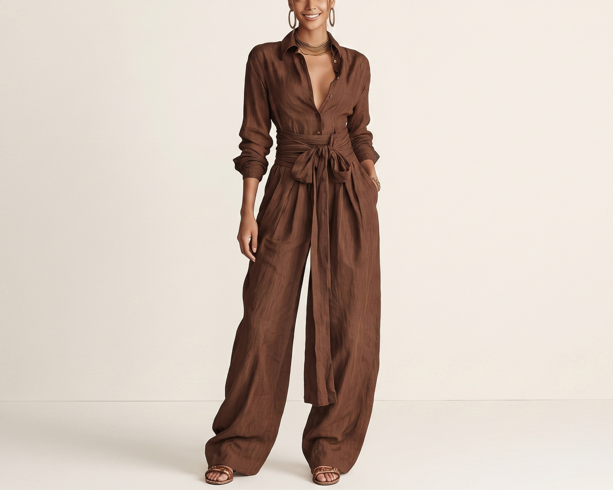 Linen Blend Wide-Leg Pants Set – Vintage Casual Two-Piece Outfit