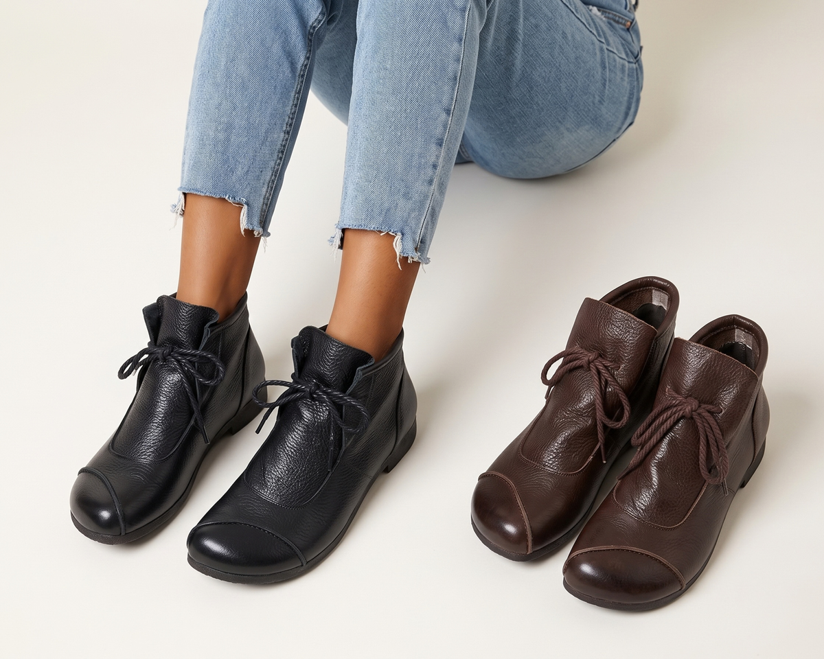 Genuine Leather Women’s Boots, Retro Lace Up Mid-Calf Boots, Soft Comfortable Casual Boots, Round Toe Autumn Winter Footwear