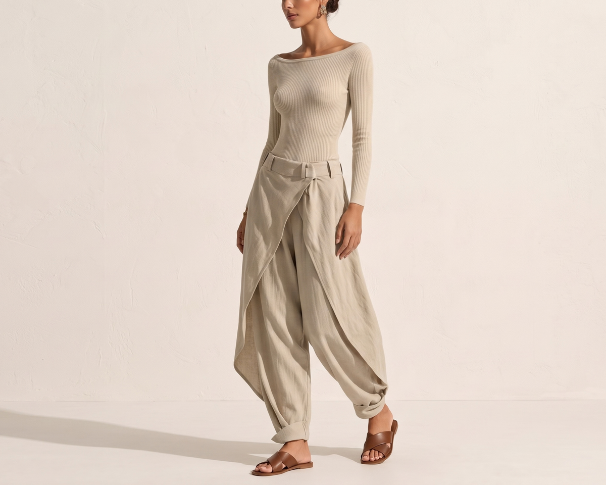 Elegant Women’s Two-Piece Set – Off-Shoulder Long Sleeve Top & Irregular Wide-Leg Pants