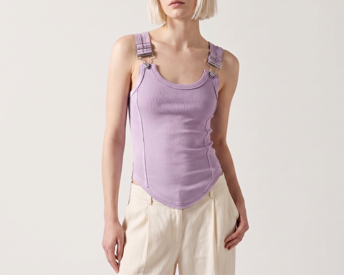 Ribbed Double-Strap Buckle Tank Top – Women’s Sleeveless Fitted Summer Top