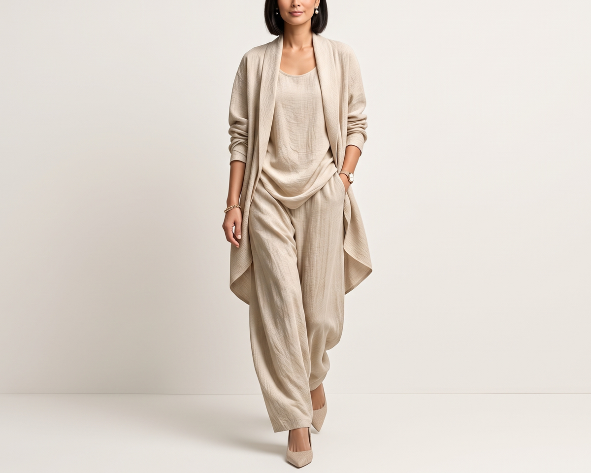 Loose-fitting Solid-color Three-piece Set Cardigan Jacket And Wide-leg Pants