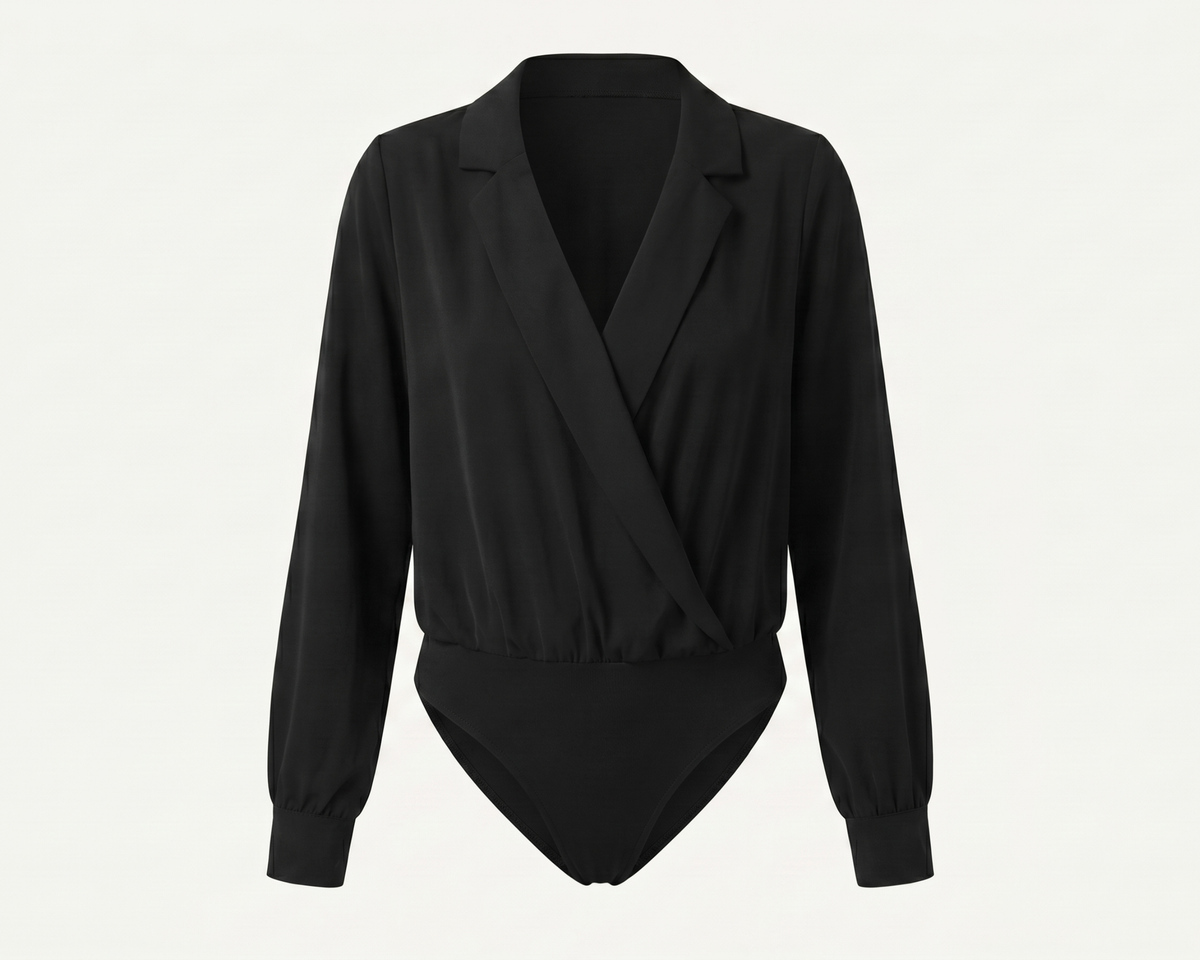 Black Wrap Bodysuit, Lapel Collar Long Sleeve Office Romper