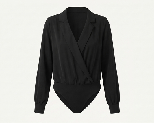 Black Wrap Bodysuit, Lapel Collar Long Sleeve Office Romper