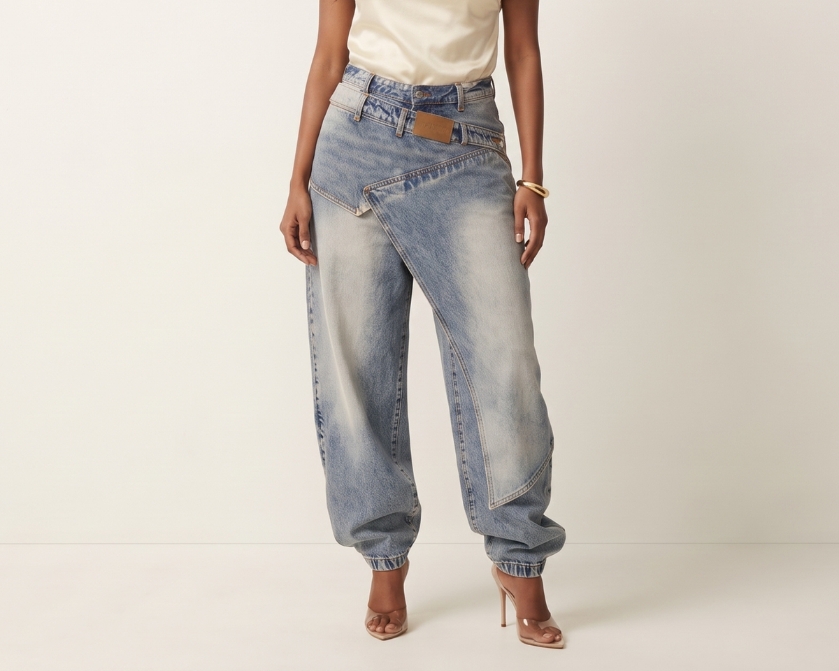 Designer-style Deconstructed Patchwork Layered Denim Jeans For Women