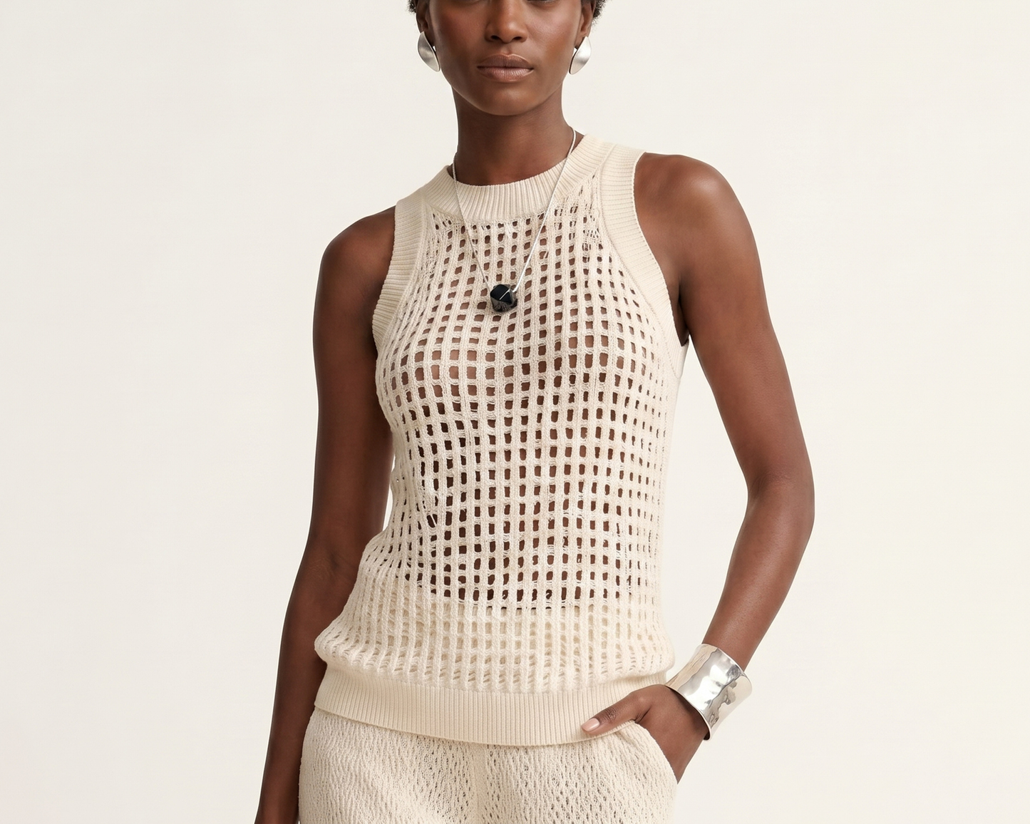 French Style Crochet Tank Top, White Hollow Knit Top, Sleeveless Openwork Sweater Vest, Elegant Summer Top, Lightweight Women's Top