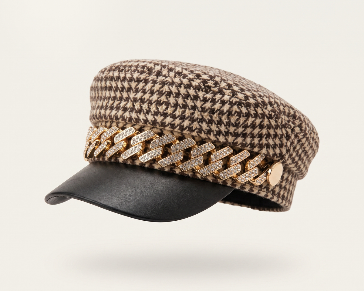 Vintage Houndstooth Newsboy Cap, Gold Chain Detail, Adjustable Baker Boy Hat