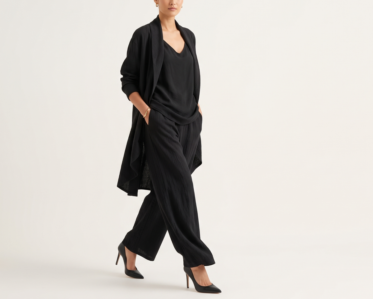 Loose-fitting Solid-color Three-piece Set Cardigan Jacket And Wide-leg Pants