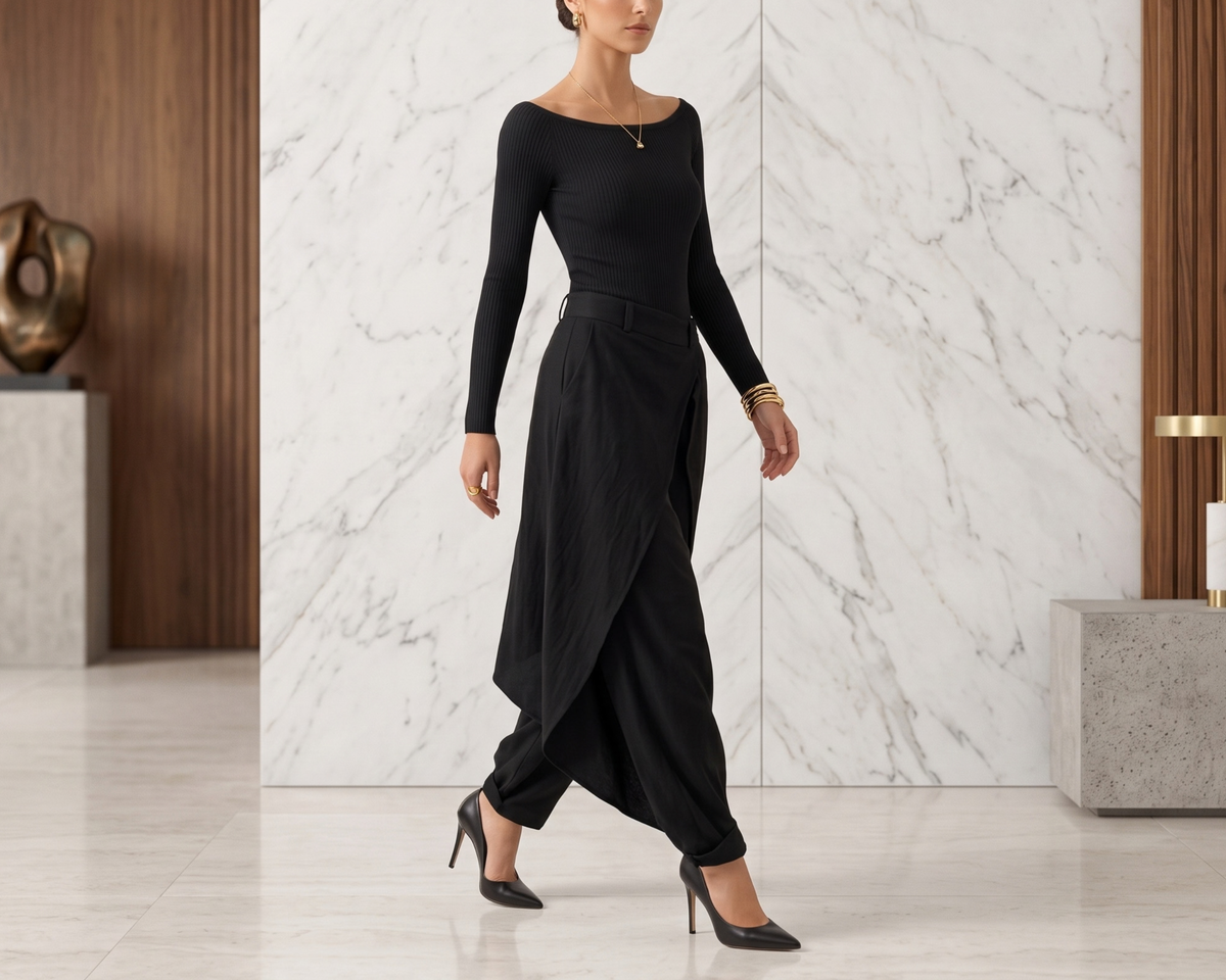 Elegant Women’s Two-Piece Set – Off-Shoulder Long Sleeve Top & Irregular Wide-Leg Pants