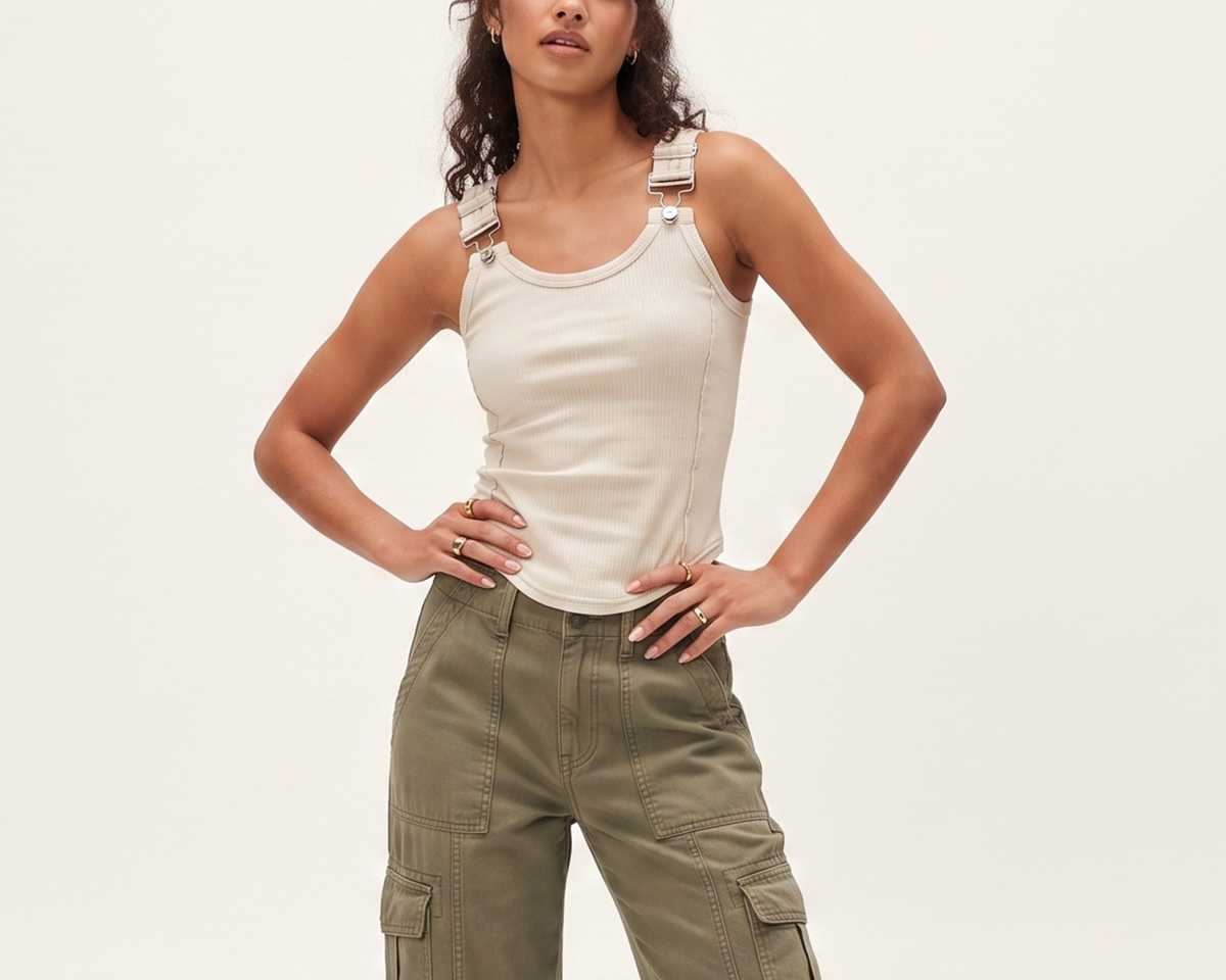 Ribbed Double-Strap Buckle Tank Top – Women’s Sleeveless Fitted Summer Top