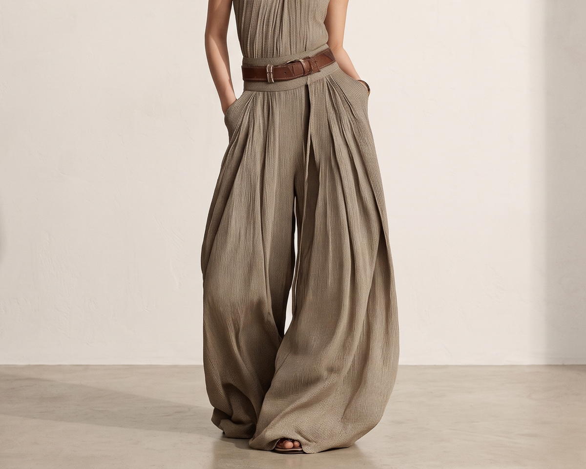 Elegant Halter Neck Pleated Wide-Leg Jumpsuit, Khaki Polyester Outfit