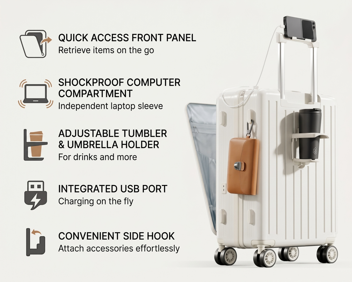 Minimalist Carry-On Luggage with Cup Holder & Phone Stand – Stylish Travel Suitcase