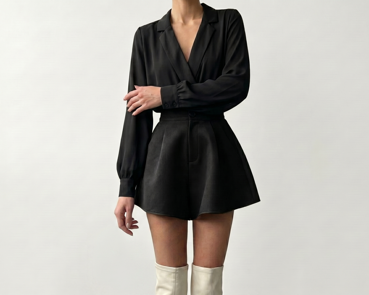 Retro High Waisted Pleated Shorts, A-Line Wide Leg, Black Polyester Summer Bottoms