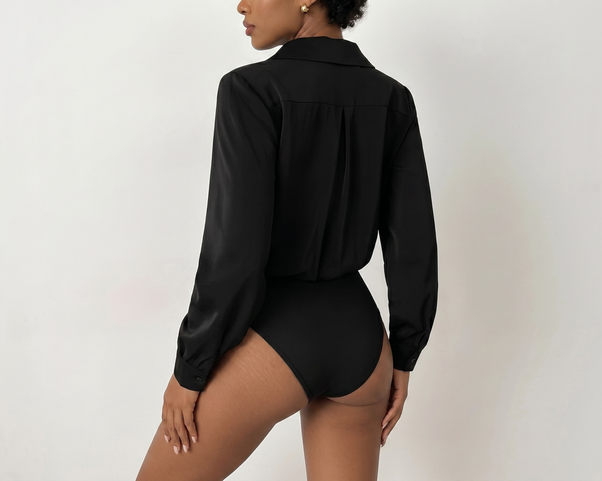 Black Wrap Bodysuit, Lapel Collar Long Sleeve Office Romper