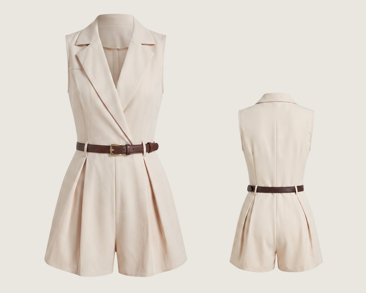 Elegant Sleeveless Blazer Jumpsuit, Wide-Leg Shorts, Belted Waist, Office Chic