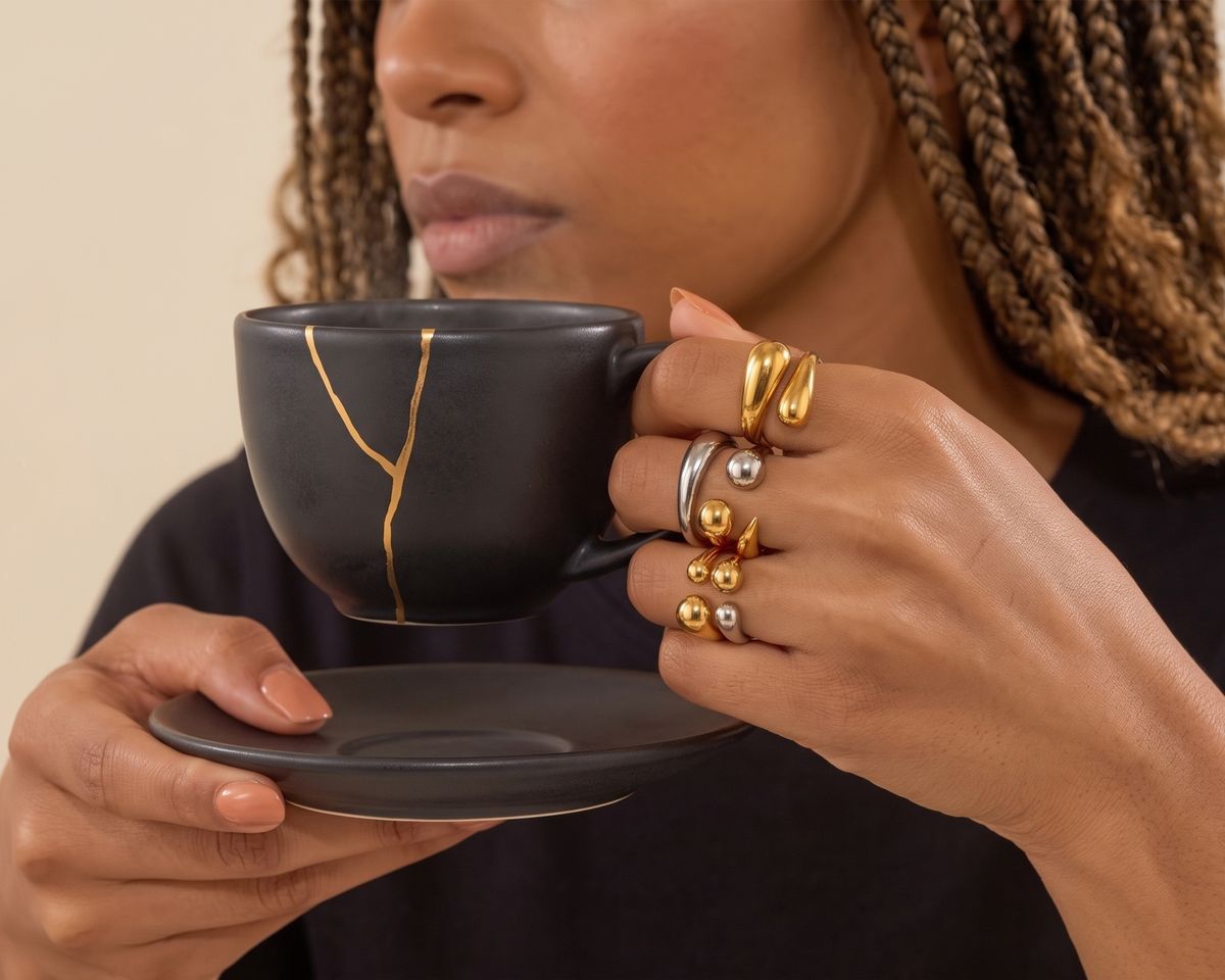 Two Tone Gold Silver Ring, Water Drop Ring, Stainless Steel Statement Ring, Adjustable Geometric Ring, Modern Women's Jewelry, Gift for Her