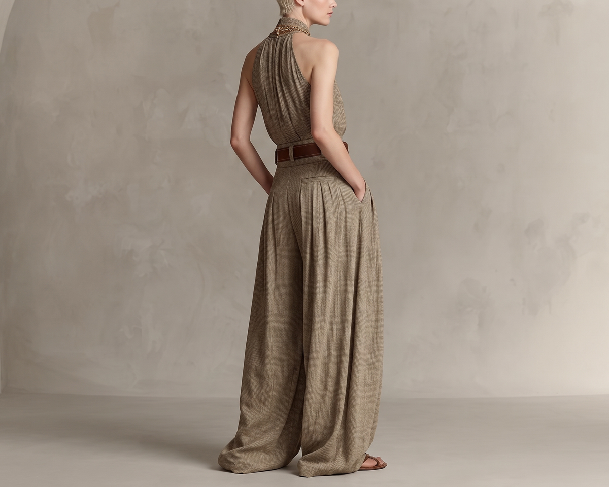 Elegant Halter Neck Pleated Wide-Leg Jumpsuit, Khaki Polyester Outfit