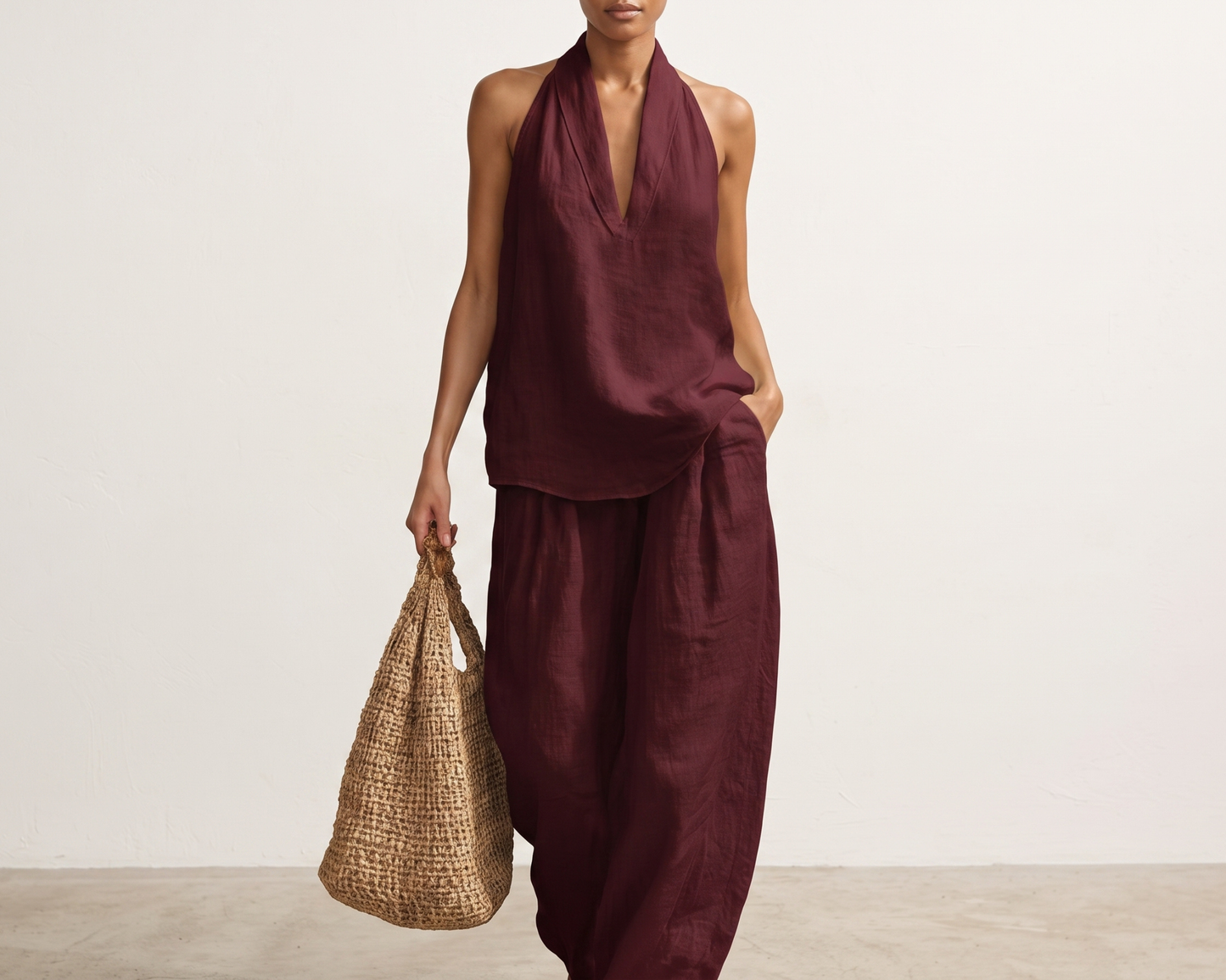 Women’s Summer Two Piece Set, Sleeveless Halter Top, Wide Leg Pants, Casual V Neck Outfit, Vacation Resort Wear
