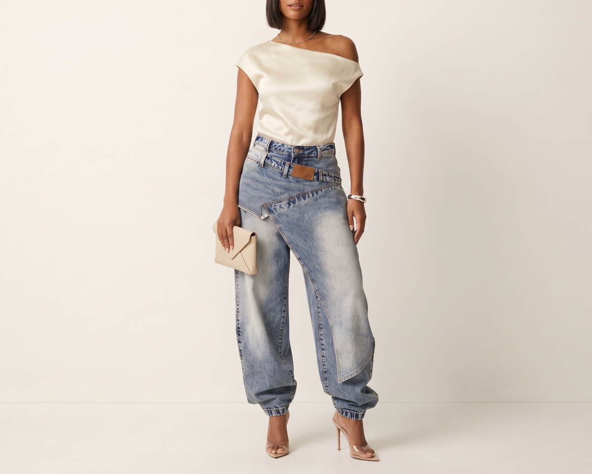 Designer-style Deconstructed Patchwork Layered Denim Jeans For Women