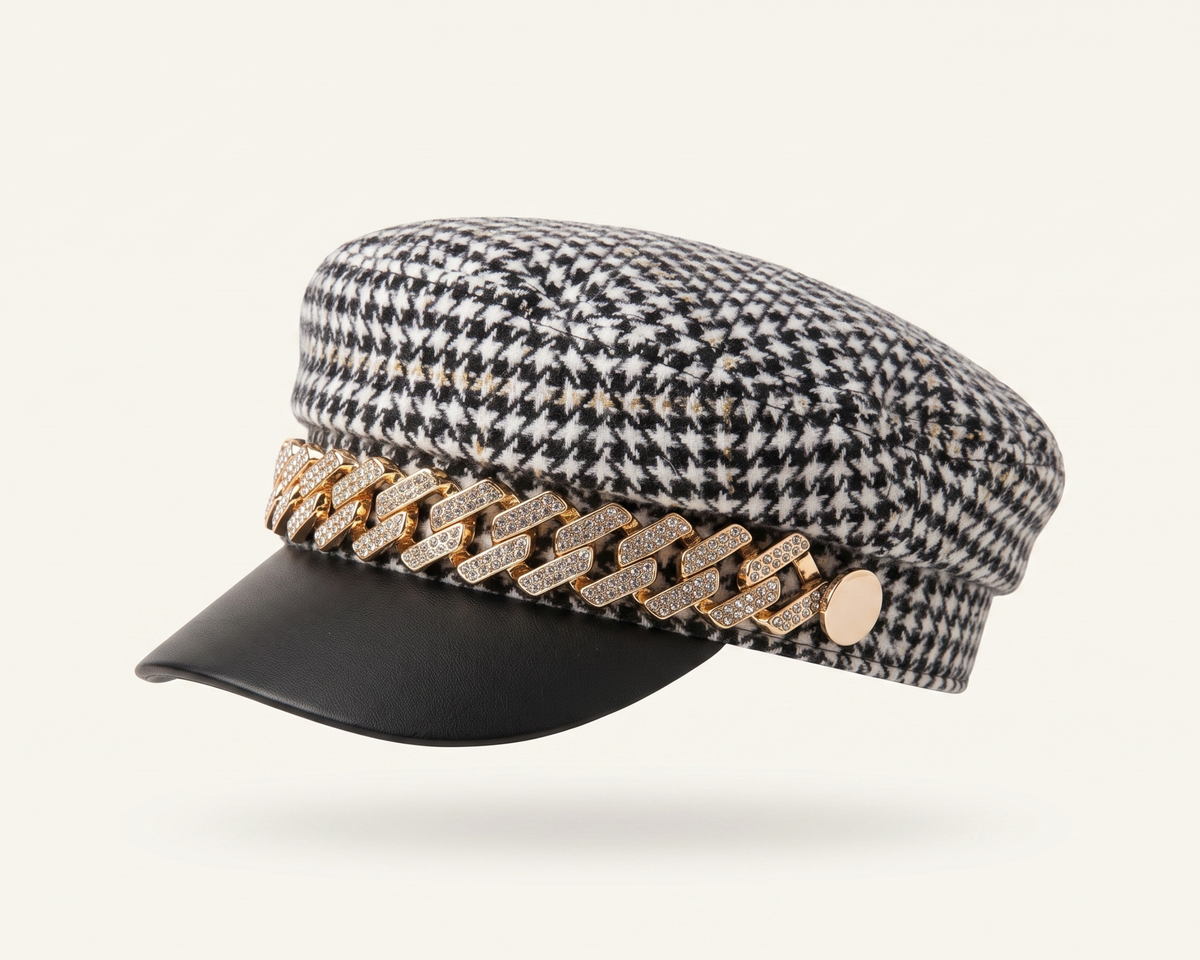 Vintage Houndstooth Newsboy Cap, Gold Chain Detail, Adjustable Baker Boy Hat