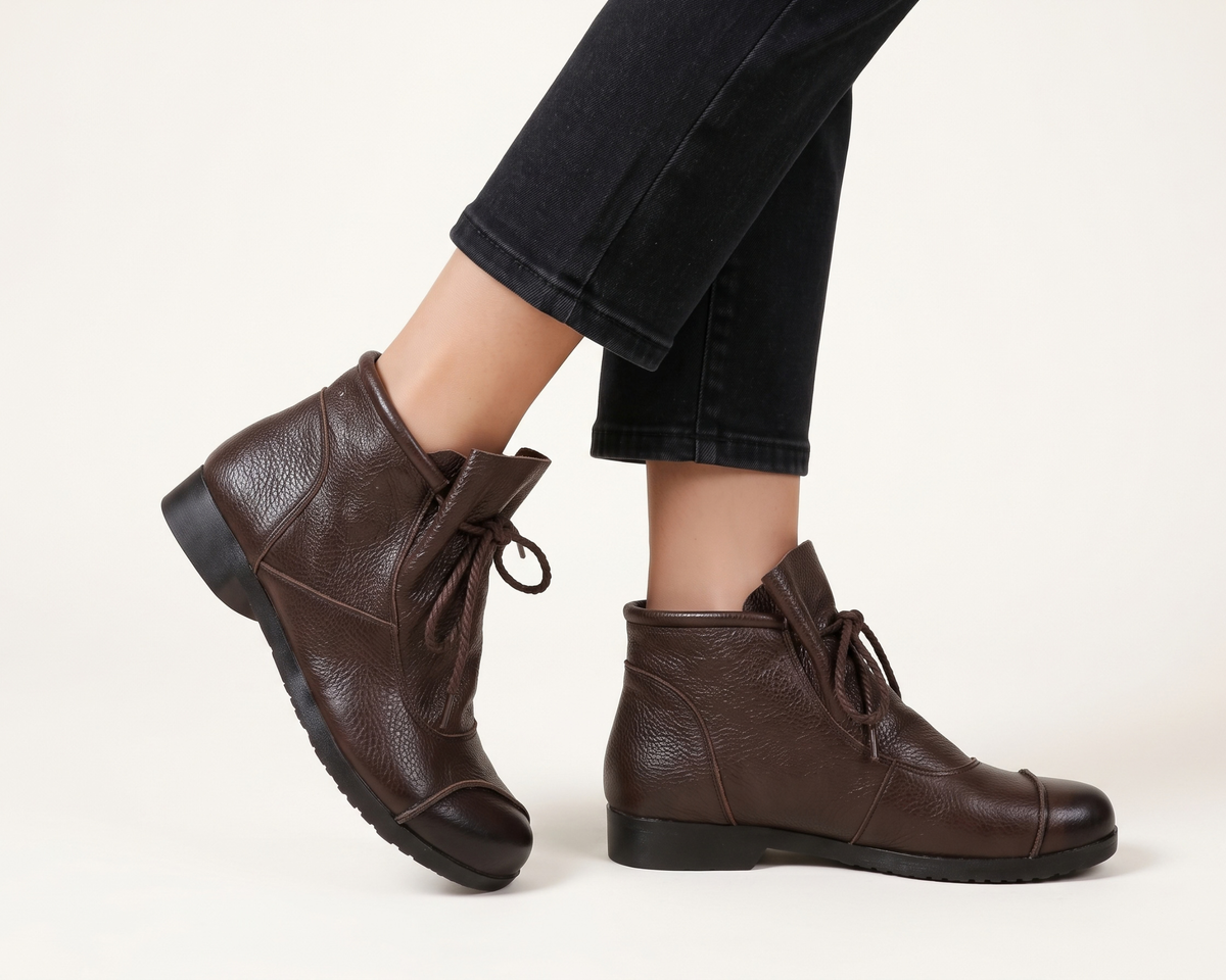 Genuine Leather Women’s Boots, Retro Lace Up Mid-Calf Boots, Soft Comfortable Casual Boots, Round Toe Autumn Winter Footwear