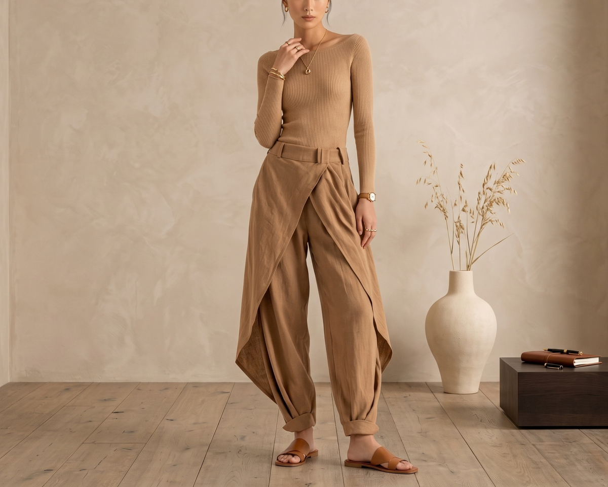 Elegant Women’s Two-Piece Set – Off-Shoulder Long Sleeve Top & Irregular Wide-Leg Pants