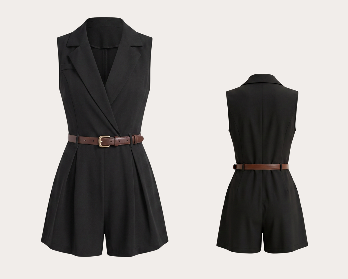 Elegant Sleeveless Blazer Jumpsuit, Wide-Leg Shorts, Belted Waist, Office Chic