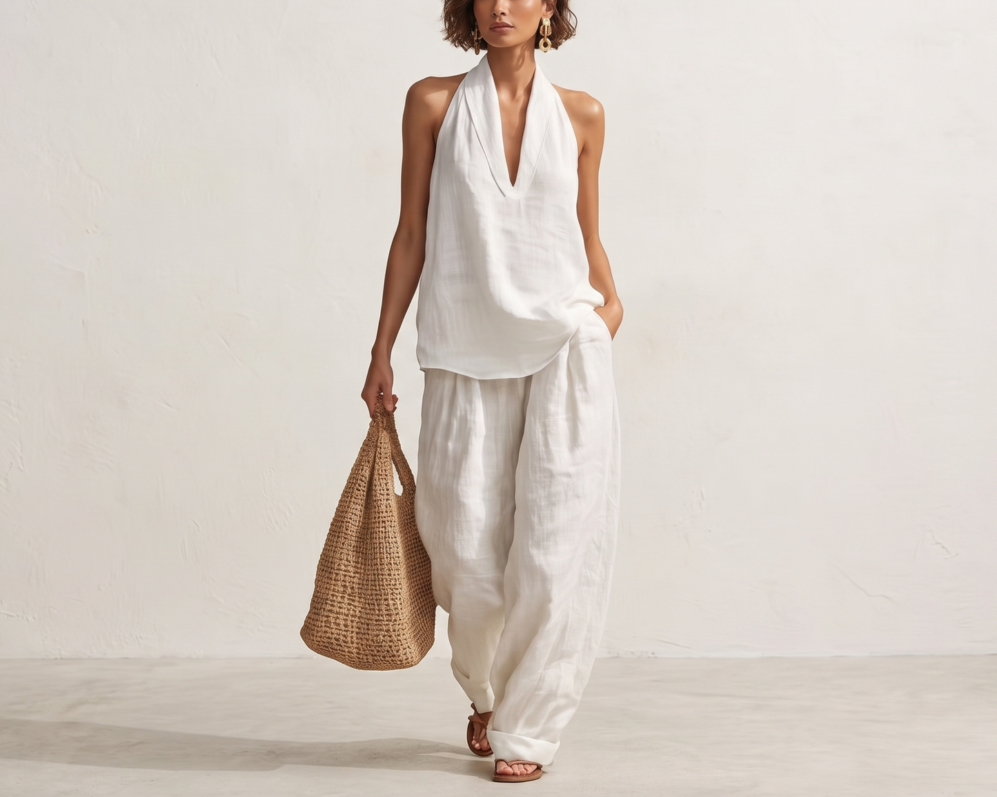 Women’s Summer Two Piece Set, Sleeveless Halter Top, Wide Leg Pants, Casual V Neck Outfit, Vacation Resort Wear