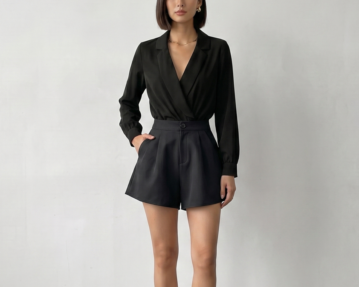 Black Wrap Bodysuit, Lapel Collar Long Sleeve Office Romper