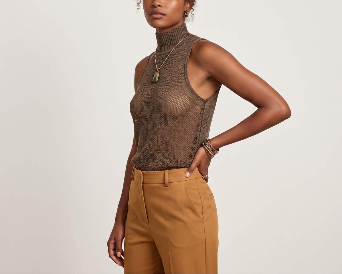 Women’s Hollow Out Knit Top, Sleeveless High Neck Top, Loose Fit Halter Shirt, Elegant Casual Office Top, Brown Navy Blue Top