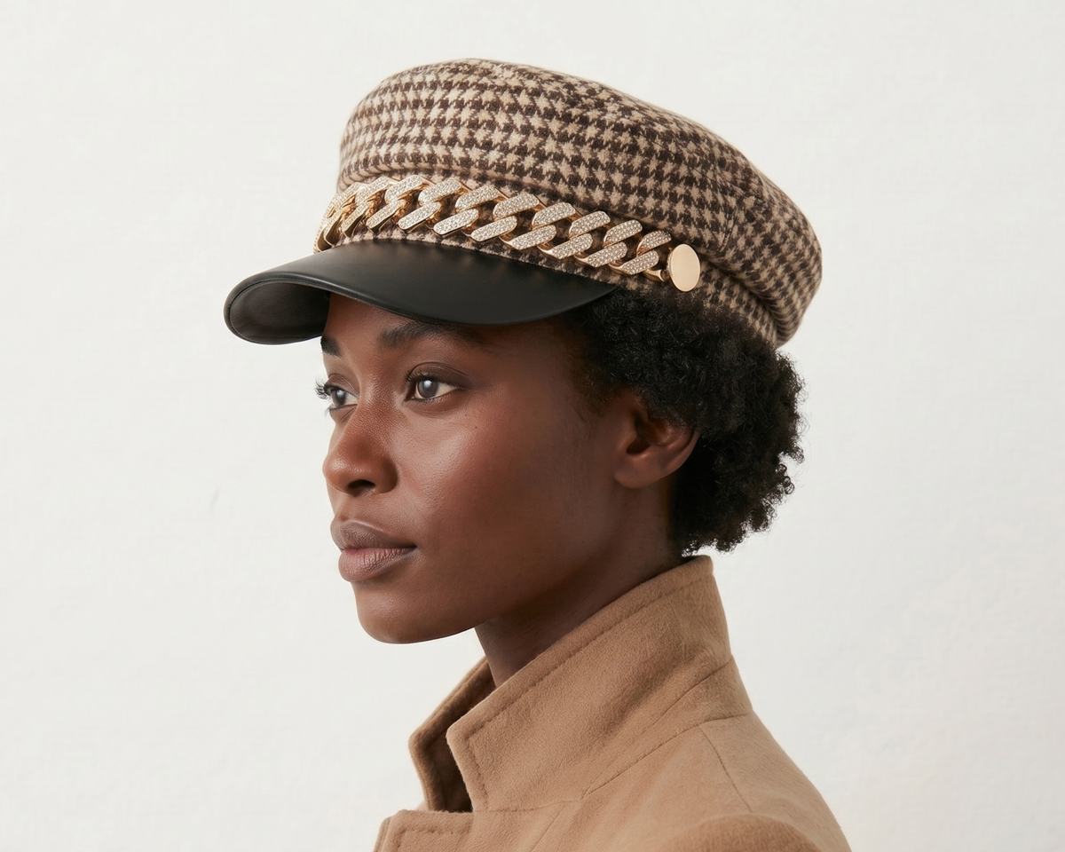 Vintage Houndstooth Newsboy Cap, Gold Chain Detail, Adjustable Baker Boy Hat