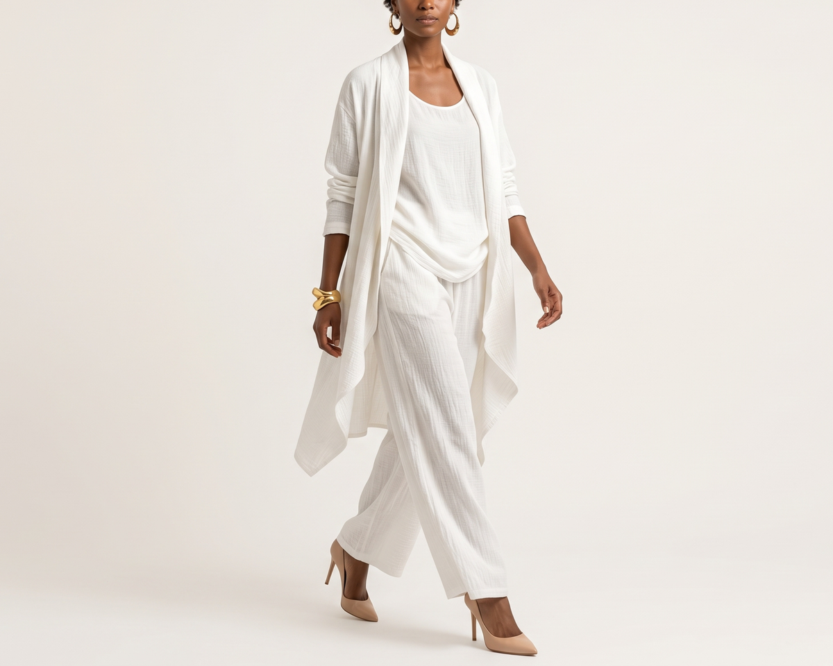 Loose-fitting Solid-color Three-piece Set Cardigan Jacket And Wide-leg Pants