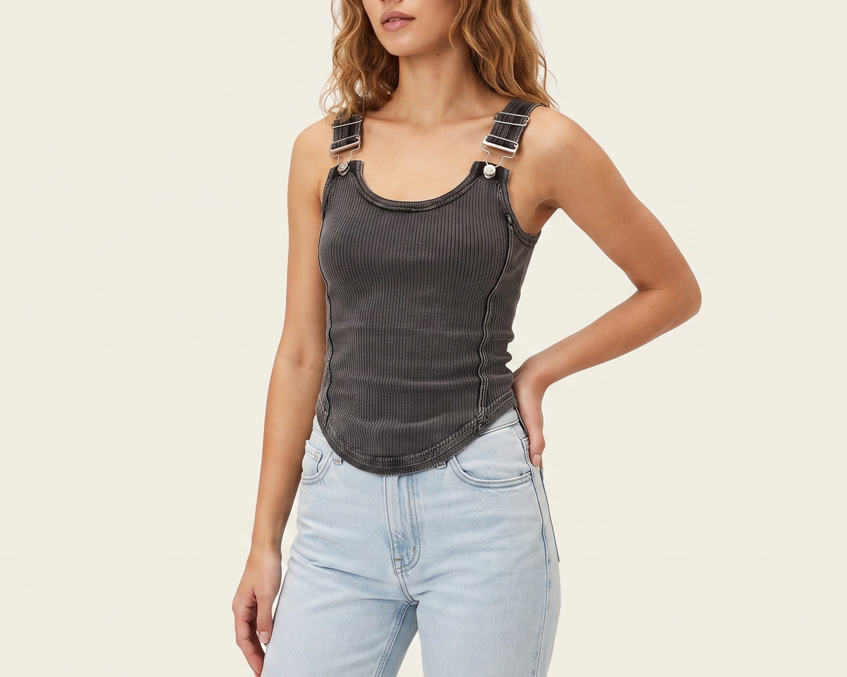 Ribbed Double-Strap Buckle Tank Top – Women’s Sleeveless Fitted Summer Top
