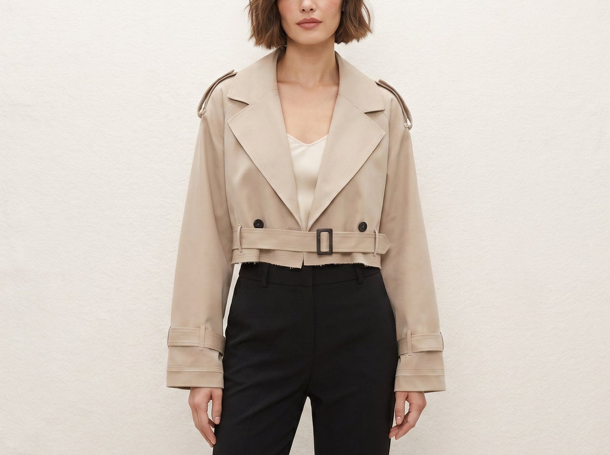 Versatile Belted Beige Jacket – Women's Casual Long-Sleeve Suit Collar Coat