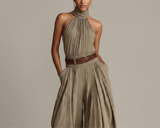 Elegant Halter Neck Pleated Wide-Leg Jumpsuit, Khaki Polyester Outfit