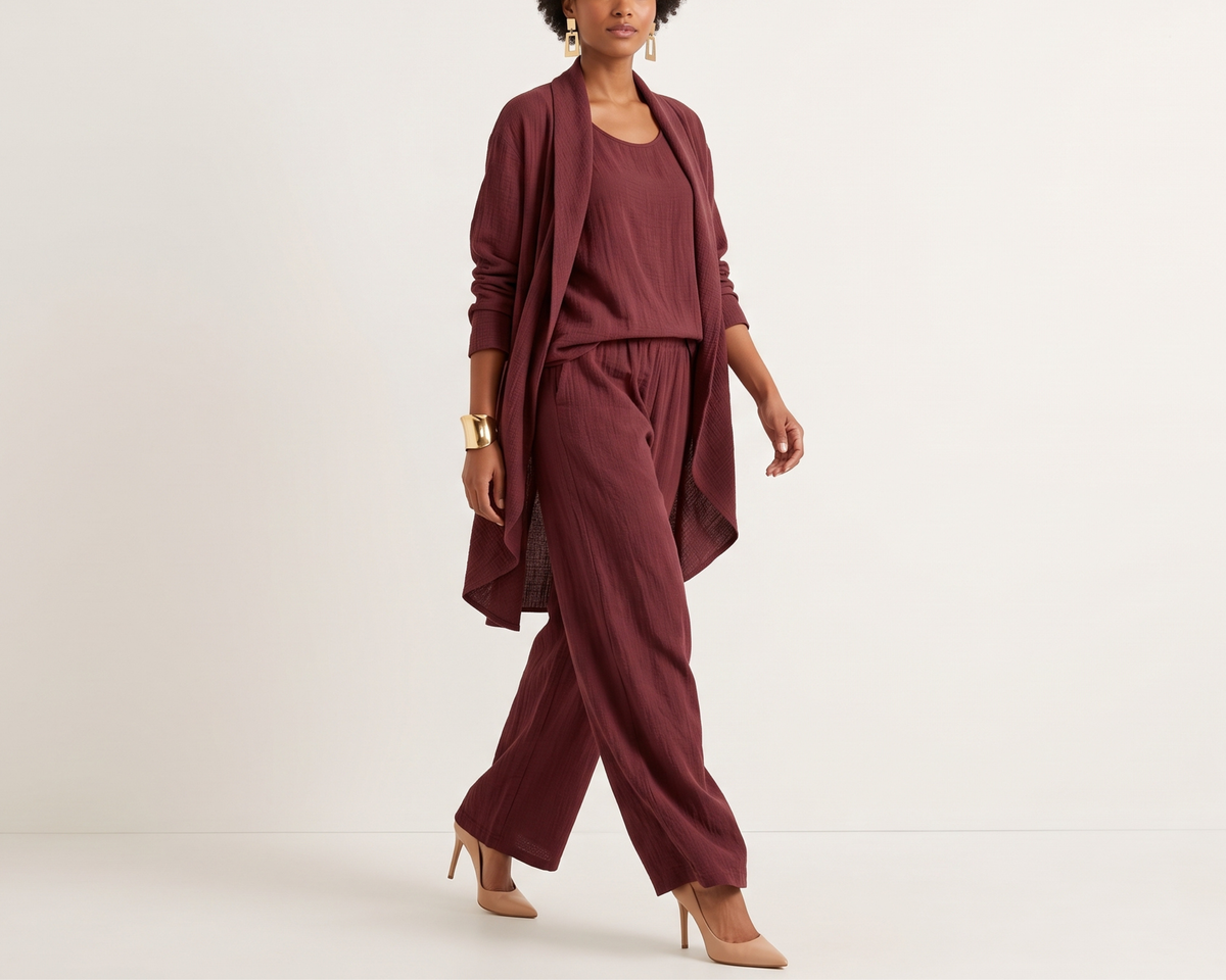 Loose-fitting Solid-color Three-piece Set Cardigan Jacket And Wide-leg Pants