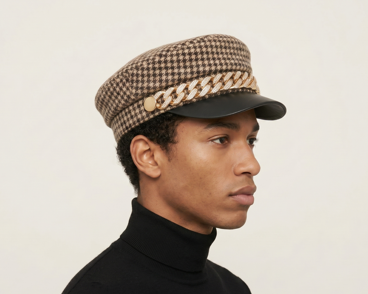 Vintage Houndstooth Newsboy Cap, Gold Chain Detail, Adjustable Baker Boy Hat