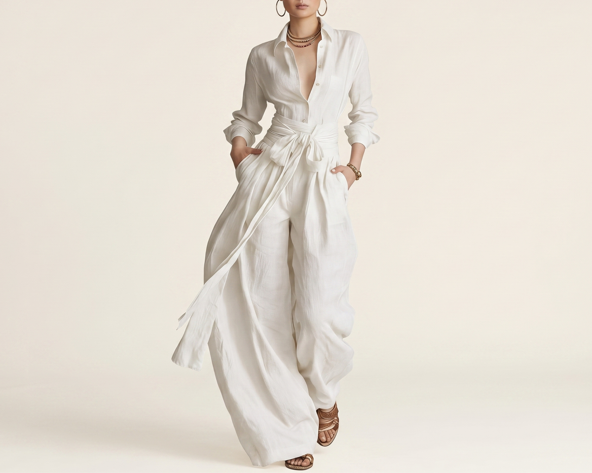 Linen Blend Wide-Leg Pants Set – Vintage Casual Two-Piece Outfit