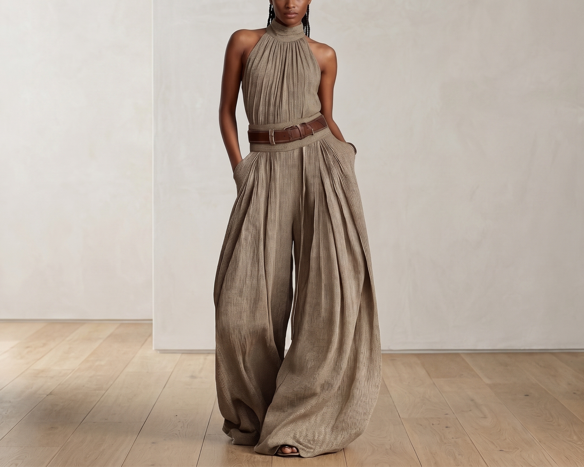 Elegant Halter Neck Pleated Wide-Leg Jumpsuit, Khaki Polyester Outfit