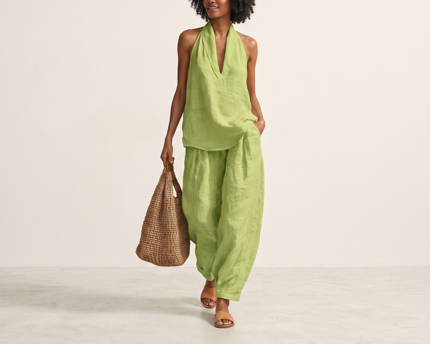 Women’s Summer Two Piece Set, Sleeveless Halter Top, Wide Leg Pants, Casual V Neck Outfit, Vacation Resort Wear