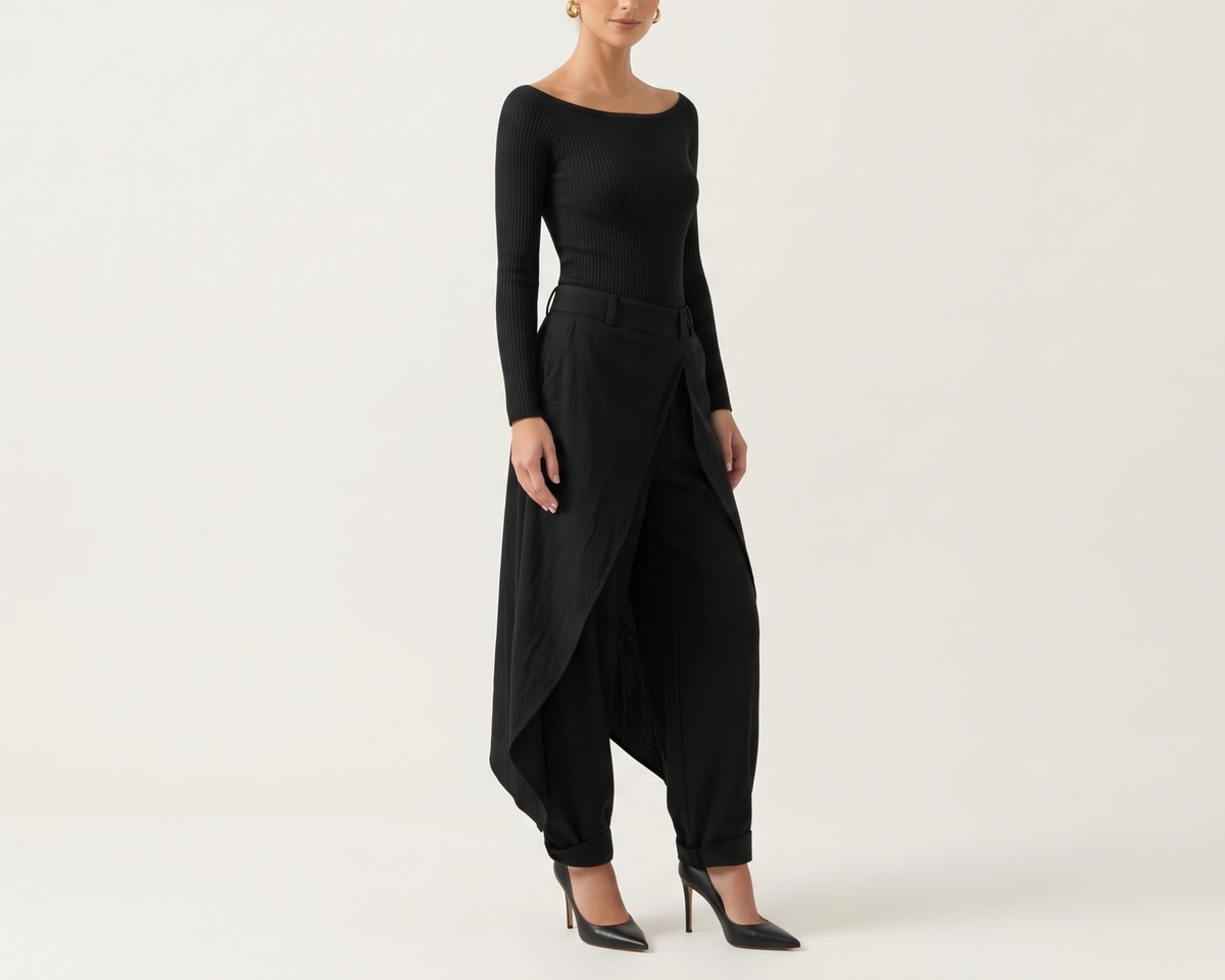 Elegant Women’s Two-Piece Set – Off-Shoulder Long Sleeve Top & Irregular Wide-Leg Pants