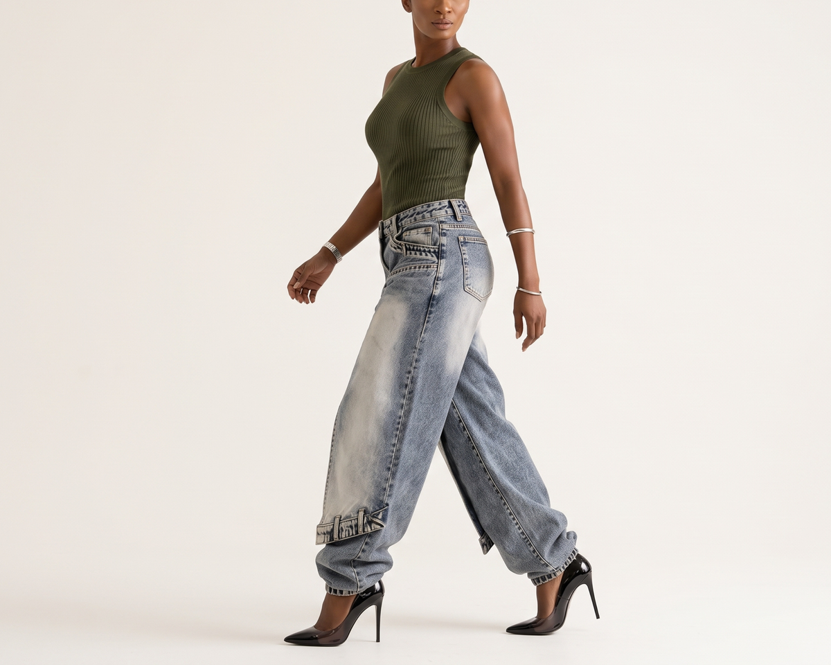 Designer-style Deconstructed Patchwork Layered Denim Jeans For Women